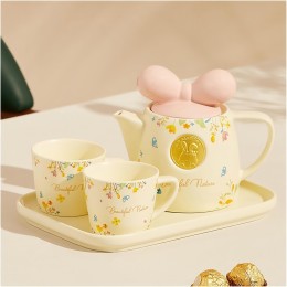 Керамический чайный набор из двух чашек, чайник, подставка 0213 Розовый бант (WAN)