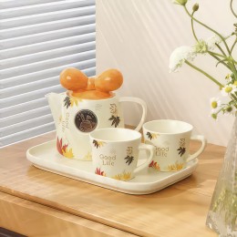 Керамічний чайний набір із двох чашок, чайник, підставка 0213 Помаранчевий бант (WAN)