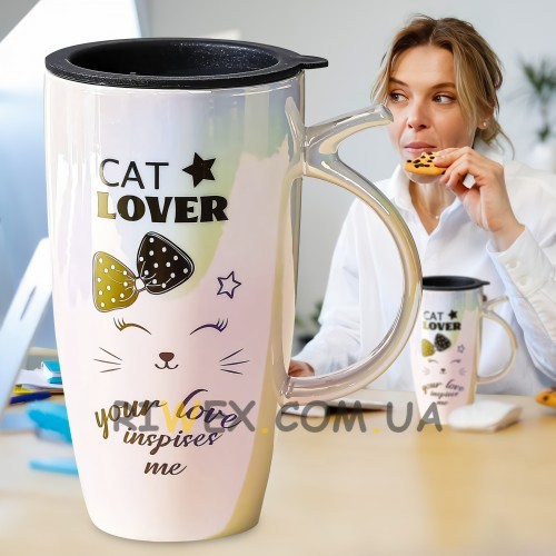 Керамічна чашка з написом "Cat Lover" та ручкою 0211 (WAN)