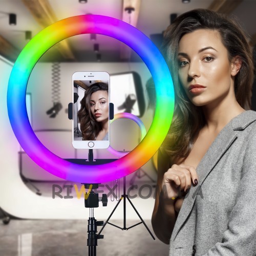 Кольцевая цветная LED SOFT RING LIGHT MJ30 RGBW 30 см + штатив 210 см, селфи-лампа, подсветка для фотографов блогеров, тиктокеров, визажистов со штативом в комплекте