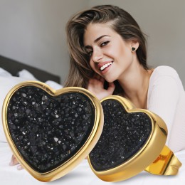 Жіночі сережки-гвоздики пусети у формі серця золотий колір із чорним цирконієм