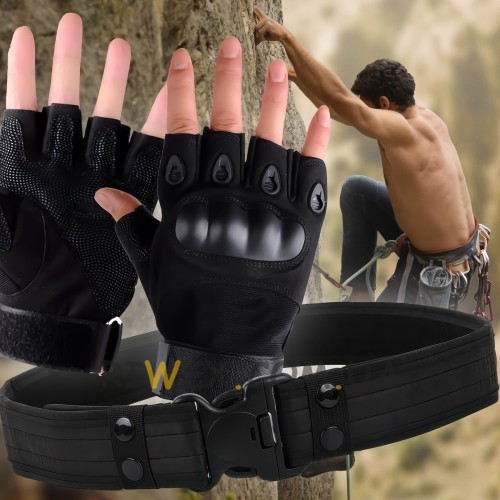 Чоловічий набір 2в1 захисні безпалі рукавички з посиленням та ремінь Чорний L