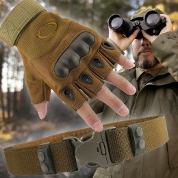 Мужской набор 2в1 защитные беспалые перчатки с усилением и ремень Песочный XL