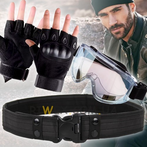 Набор для настоящего мужчины 3 в 1: тактические перчатки размер XL, ремень, защитные очки, Черный
