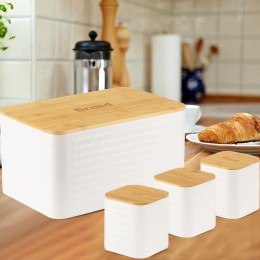 Комплект металлическая хлебница с деревянной крышкой + баночки для хранения чая, кофе, сахара в комплекте (3шт) Edenberg EB-161 Белый (EB)