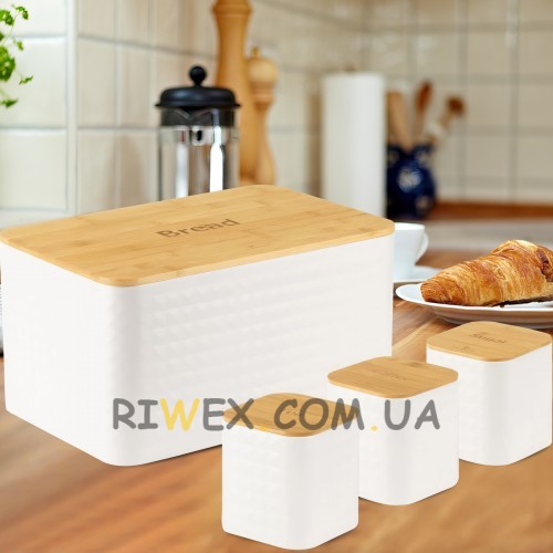 Комплект металева хлібниця з дерев'яною кришкою + баночки для зберігання чаю, кави, цукру в комплекті (3шт) Edenberg EB-161 Білий (EB)