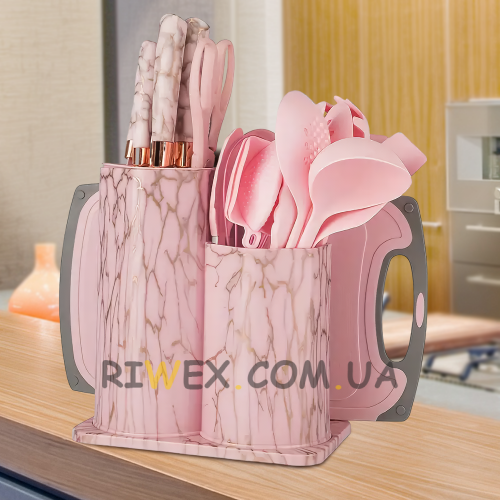 Силіконові кухонні аксесуари на підставці Kitchenware Set 20 предметів, Рожевий мармур (HA-300)