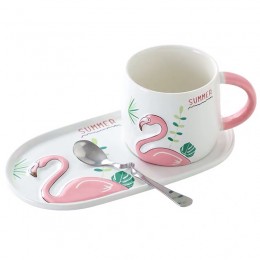 Чайный набор EL-HY908-2 Керамическая чашка с блюдцем и ложкой Фламинго 