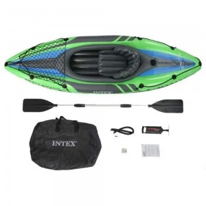 Одномісний надувний човен-байдарка кайак Intex 68305 з ножним насосом і веслами 274х76 см, Зелений