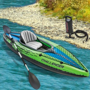 Одномісний надувний човен-байдарка кайак Intex 68305 з ножним насосом і веслами 274х76 см, Зелений