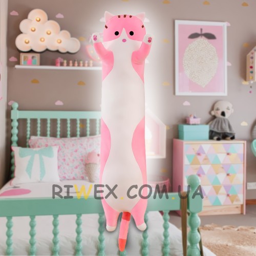 Мягкая игрушка-подушка Длинный Кот-обнимашка, 70 см Розовый