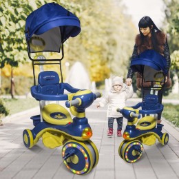 Дитячий триколісний велосипед зі знімним козирком і батьківською ручкою F01 Жовто-блакитний (SD)