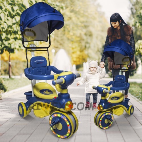 Детский трехколесный велосипед со съемным козырьком и родительской ручкой F01 Желто-голубой (SD)