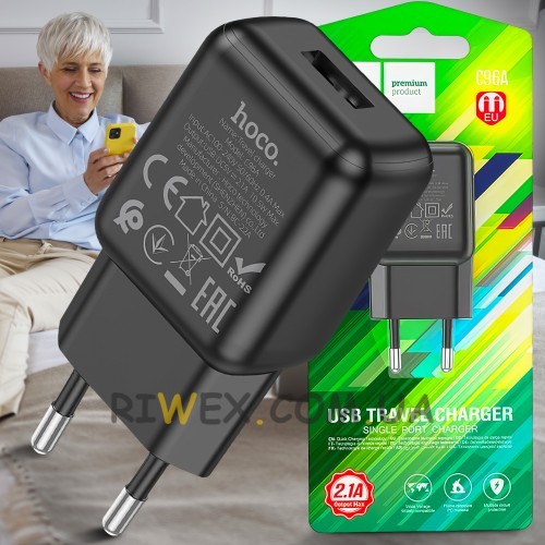 Сетевое зарядное устройство блок питания USB 220V HOCO C96A 1USB Черный (206)