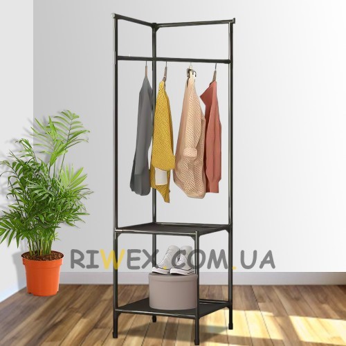 Стойка-стеллаж угловая Coat rack с перекладиной для вешалок YH6606-2122F2 на две полки, Черный (AMN)