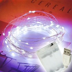 Гірлянда світлодіодна 50 LED 7742 дріт 5м, на батарейках + USB, Біле світло