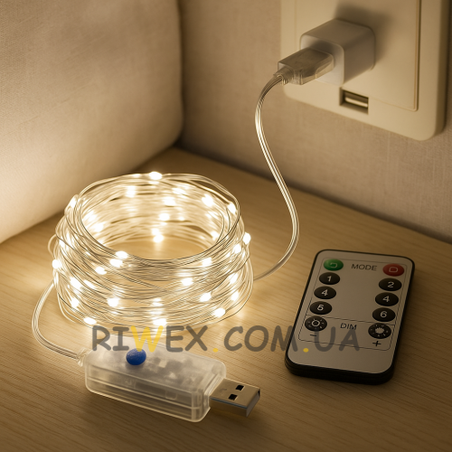 Кімнатна LED USB гірлянда Xmas "Роса" з пультом управління Тепле освітлення 5 м (HA-65)