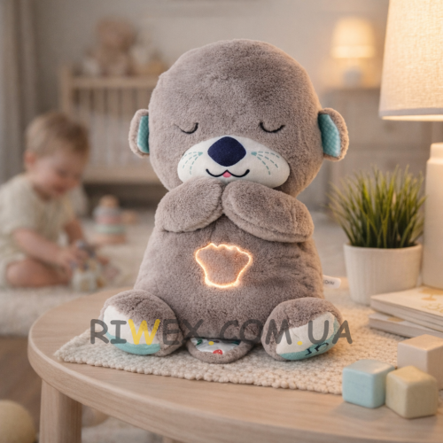 Дитяча заспокійлива м'яка іграшка-нічник для сну з функцією дихання "Казкова видра" Кавовий (HA-400)