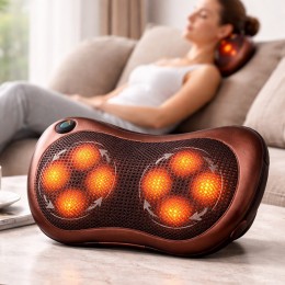 Роликовый массажер для шеи и спины Massage Pillow инфракрасный прогрев 8 роликов авто адаптер/сеть