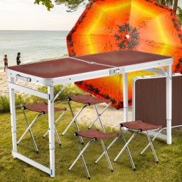 Туристический усиленный стол-чемодан для пикника Folding Table с 4 стульями и зонтом 1,6 метра Коричневый