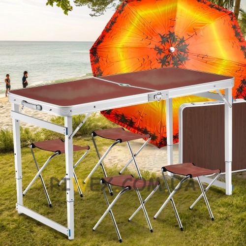 Туристический усиленный стол-чемодан для пикника Folding Table с 4 стульями и зонтом 1,6 метра Коричневый