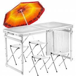 Туристичний розкладний посилений стіл для пікніка Folding Table з 4 стільцями і парасолькою 1,6 метра, складається у валізу Білий