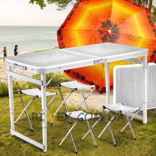 Туристический усиленный стол-чемодан для пикника Folding Table с 4 стульями и зонтом 1,6 метра Белый