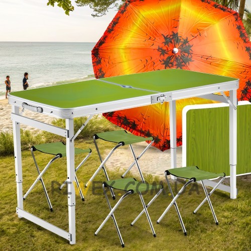 Туристический усиленный стол-чемодан для пикника Folding Table с 4 стульями и зонтом 1,6 метра Зеленый