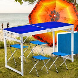 Туристичний розкладний посилений стіл для пікніка Folding Table з 4 стільцями і парасолькою 1,6 метра, складається у валізу Синій