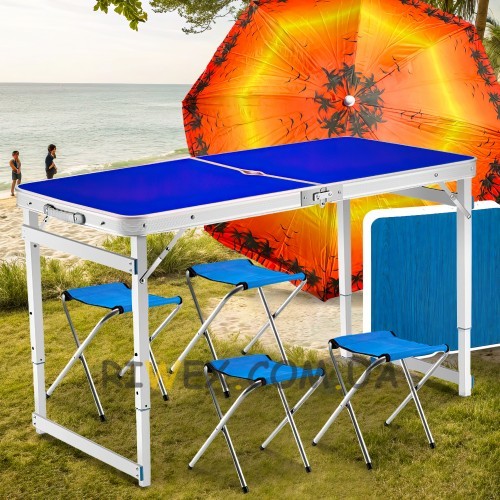 Туристический усиленный стол-чемодан для пикника Folding Table с 4 стульями и зонтом 1,6 метра Синий