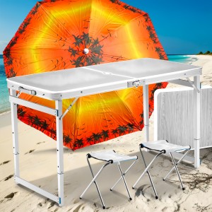 Туристичний розкладний посилений стіл 120х60 см для пікніка з 2 стільцями і парасолькою 1,6 метра, складається у валізу Білий Туристичний розкладний посилений стіл 120х60 см для пікніка з 2 стільцями і парасолькою 1,6 метра, складається у валізу Білий