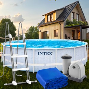 Круглий каркасний басейн фільтр-насос, тент, сходи в комплекті Intex 26746 19156 л (I24)