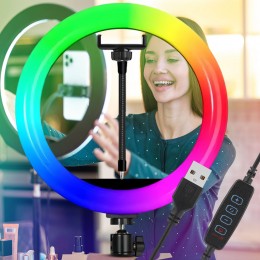  Светодиодная кольцевая лампа MJ36 с RGB-подсветкой, регулировкой яркости, держателем для телефона и USB-питания, 36 см, 35 Вт (YAB)