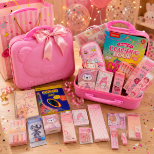 Детский подарочный набор канцелярии на 55 предметов «Зайчик» в розовом чемоданчике Детский подарочный набор канцелярии на 55 предметов «Зайчик» в розовом чемоданчике