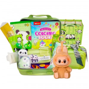  Набор канцелярии в зеленом чемодане на 55+ предметов «Панда» + игрушка ЛАБУБУ Серия 2
