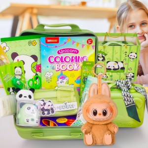  Набор канцелярии в зеленом чемодане на 55+ предметов «Панда» + игрушка ЛАБУБУ Серия 2