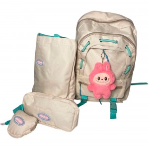 Дитячий шкільний рюкзак з брелоком лабубу та наповненням 5 в 1 (пенал, шопер, сумочка для дрібниць) Бежевий