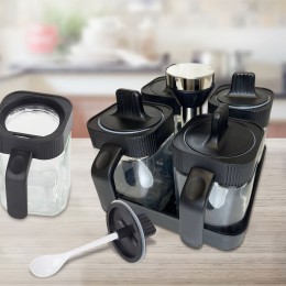 Органайзер для специй Spice Rack Set TGL-029, 4 в 1 с ложками и крышками, стеклянные емкости с подставкой (AMN)