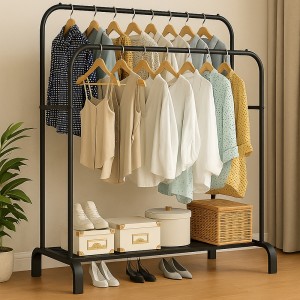 Підлогова металева подвійна розкладна стійка для одягу  та поличками для взуття YP 205 Чорний  (2507)