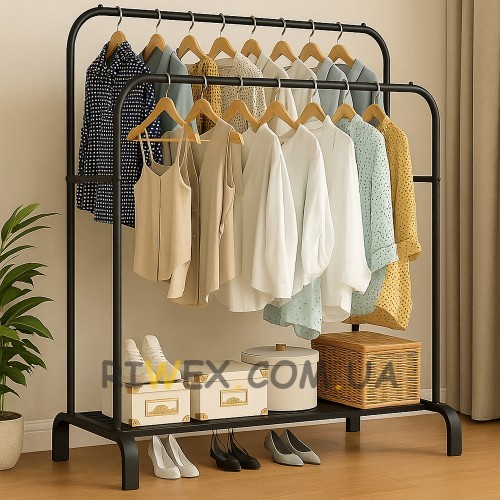 Підлогова металева подвійна розкладна стійка для одягу  та поличками для взуття YP 205 Чорний  (2507)