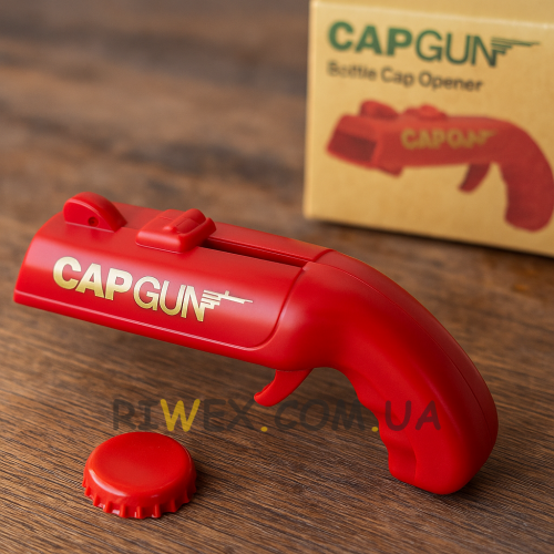 Відкривачка-пістолет, що стріляє кришками для пляшок, з контейнером під кришки Cap Gun Opener Червоний