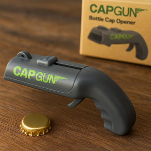 Відкривачка-пістолет, що стріляє кришками для пляшок, з контейнером під кришки Cap Gun Opener Сірий