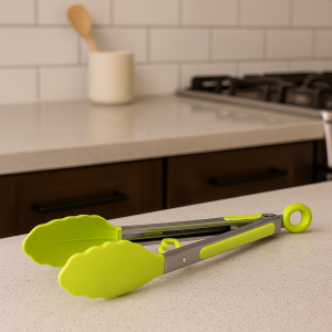 Кухонні металеві прямокутні щипці з силіконовими ручками з отворами Зелений
