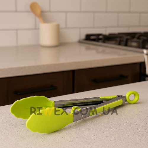 Кухонні металеві прямокутні щипці з силіконовими ручками з отворами Зелений