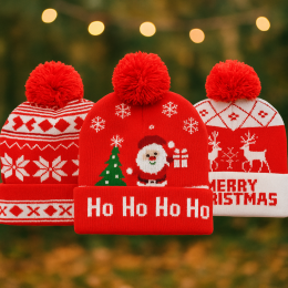 Праздничная рождественская шапка 12089 двойное вязание с помпоном