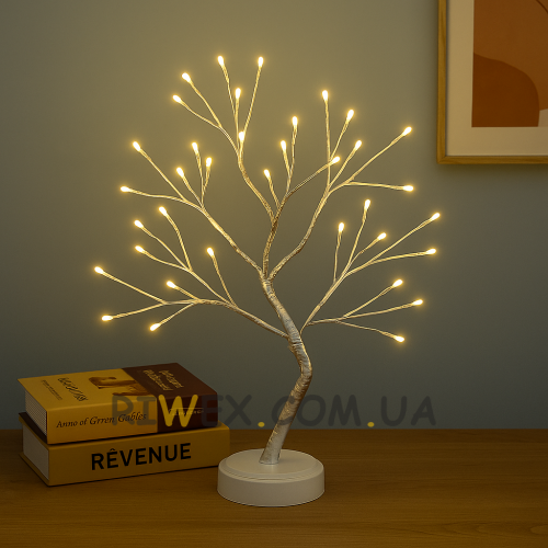 Декоративна світлодіодна настільна гірлянда біле дерево "Бансай" 60 см 108 діодів 12В/3хАА Теплий білий (4389)