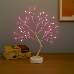 Декоративна світлодіодна настільна гірлянда біле дерево "Бансай" 60 см 108 діодів 12В/3хАА Рожевий (4389)