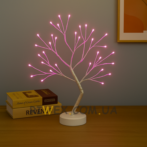 Декоративна світлодіодна настільна гірлянда біле дерево "Бансай" 60 см 108 діодів 12В/3хАА Рожевий (4389)