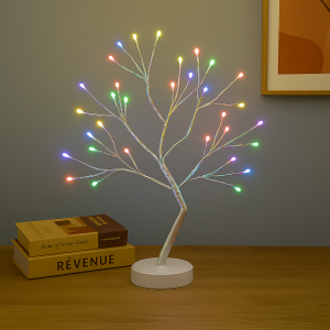 Декоративна світлодіодна настільна гірлянда біле дерево "Бансай" 60 см 108 діодів 12В/3хАА Мультиколір (4389)