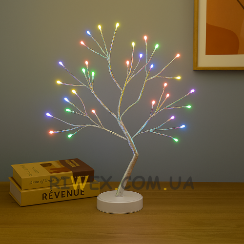 Декоративна світлодіодна настільна гірлянда біле дерево "Бансай" 60 см 108 діодів 12В/3хАА Мультиколір (4389)